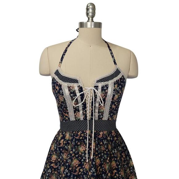 Gunne Sax Rooster Print Halter Dress Size 9 S Corset Lace Up Maxi Vintage 70s - Picture 5 of 13